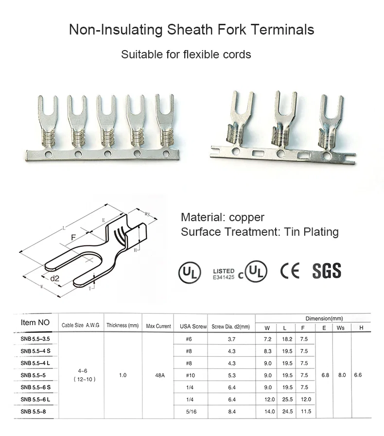 Copper Non-insulating sheath fork terminals, brass nickel steel spade connector PH VH JST terminal, Copper Terminal