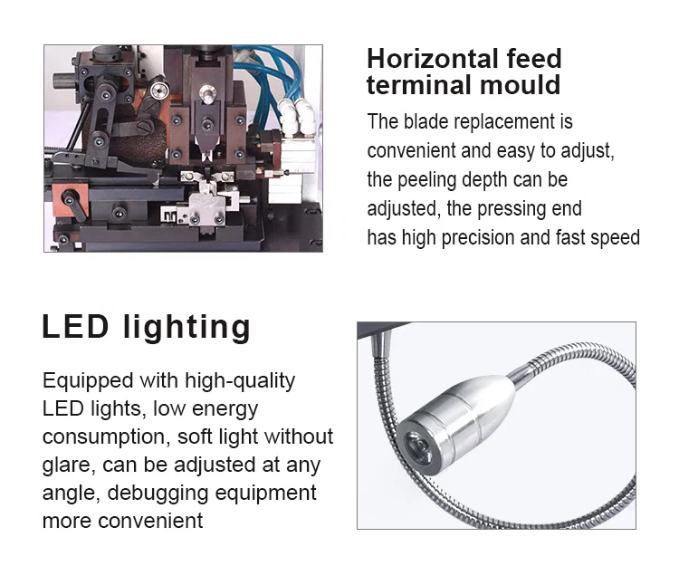  Wire stripping crimping machine, Dc Terminal Crimping Machine, Ac Terminal Crimping Cable Stripping Machine, Automatic Crimp Strip Machine, Wire stripping, and Terminal Crimping can be done in one time cassette mold holder and skinning system combination to achieve the coherent motion machine 